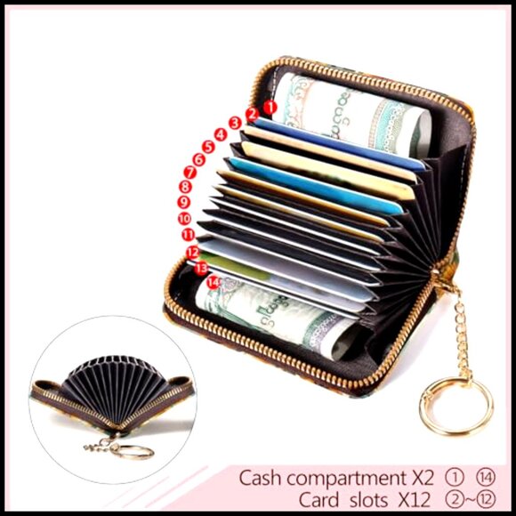 RFID Blocking Zipper Wallet with 12 Card Slots, PU Leather Accordion Card Holder - Picture 5 of 6